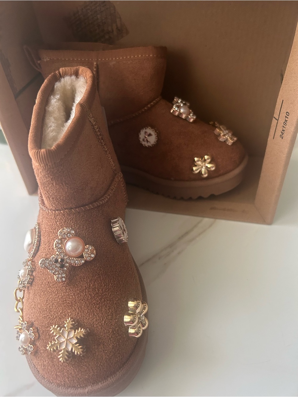 Forever Link Tan Baby Boots with Pearl & Gold Accents